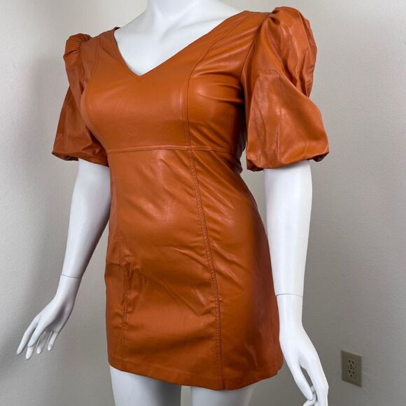 Lulus Play a Tune Size L Rust Orange Vegan Leather Puff Sleeve Mini Party Dress - Picture 8 of 12